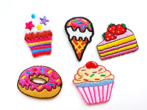 PL Set mit 5 Stück Mini Sweet Strawberry Cake Cupcake Eis Cone Donut Cute 1 Cartoon Aufnähen Bügelbild Aufnäher Schild Patches Kleidung Kostüm