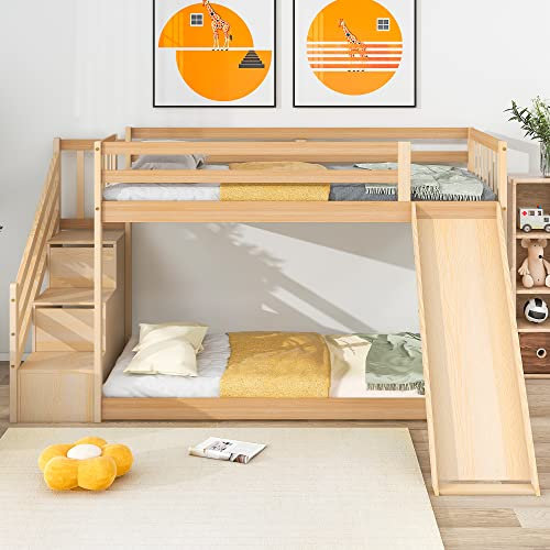Topchances Bunk Bed with Stairs and Slide, Solid Pine Wood Frame, Children Bed with Drawers in the Steps,90x190cm (Natural)