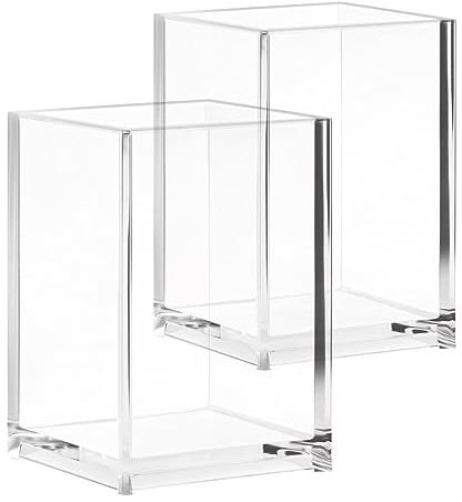 Top-spring Acrylic Pen Pencil Holder, 2 Pack Clear Desk Organisers for Pens, Pencils, Makeup Brushes, Pen Pot for Classroom, Office,Stationary Organiser (A)