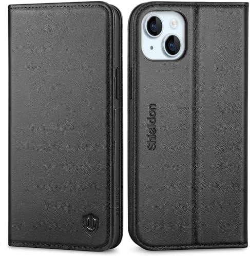 SHIELDON Hülle für iPhone 15 Plus, 5G Handyhülle [Echtleder] [Kartenfach] [Magnet] [Standfunktion] [RFID Blocker], Stoßfest Schutzhülle Lederhülle Kompatibel mit iPhone 15 Plus 6,7 - Schwarz