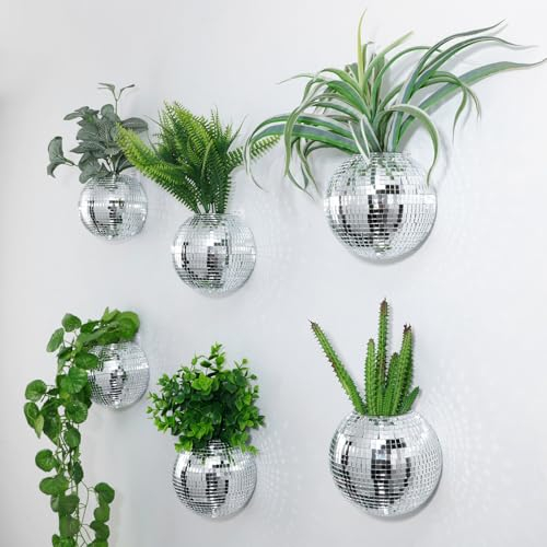 Maxcheck 6 Pcs Disco Ball Planter 4.7 Inch Mirror Disco Ball Wall Hanging Planter Glass Vase Boho Flower Pots Plant Terrariums for Indoor Outdoor Home Decorations (Silver)