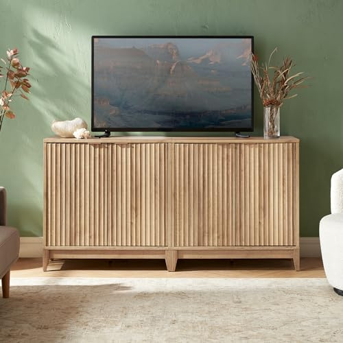 mopio Brooklyn Fluted Storage Cabinet, Modular Accent Buffet Sideboard with Adjustable Shelf, FSC Certified 50lb Load Modern Farmhouse Wood Credenza for Dining, Living Room, Entryway (Oak, Set of 2)