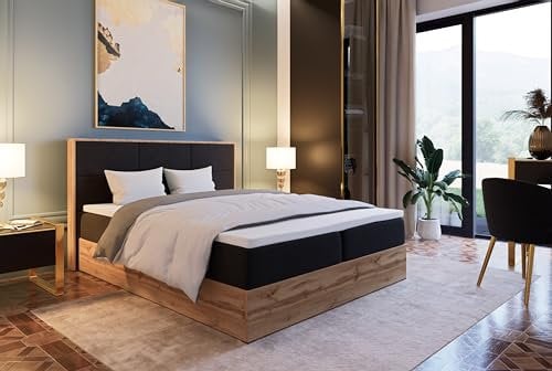 Marlux-Meble Boxspringbett 140x200 mit Bettgestell und Matratze - Polsterbett 140x200 mit Bettkasten Matratzen Topper und Bettgestell (Leoni II, Schwarz)