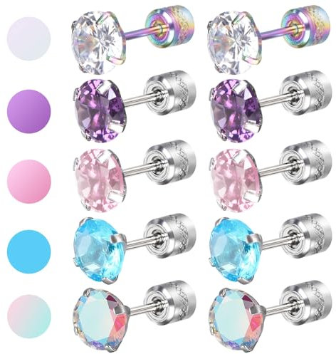 5 Pair Titanium Earrings for Women Men, Hypoallergenic Surgical Steel Screw Back Flat Back Rainbow 5A Cubic Zirconia Stud Sleeper Earrings