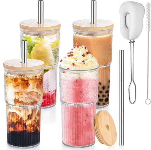 Anhwo 4er 600ml Geriffelte Gläser mit Strohhalm für Eiskaffee, Cocktail Gläser mit Bürsten für Eiskaffee/Smoothies/Bier/Bubble Tea/Saft und Tee - Transparent