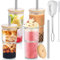 Anhwo 4er 600ml Geriffelte Gläser mit Strohhalm für Eiskaffee, Cocktail Gläser mit Bürsten für Eiskaffee/Smoothies/Bier/Bubble Tea/Saft und Tee - Transparent