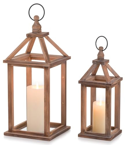 Laterne Holz Groß Landhausstil Deko - Romadedi 30/40cm Rustikale Landhaus Windlicht Kerzen Laterne für Vintage Weihnachten Balkon Garten Hochzeit Tischdeko Innen, Braun Set of 2