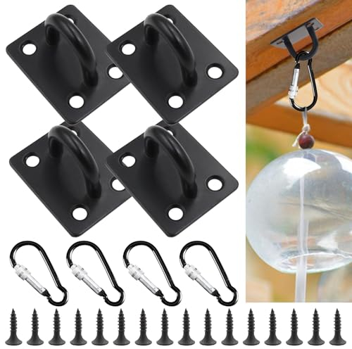 4 Pcs Pad Eye Plates and 4 Pcs Carabiner Clips Stainless Steel Ceiling Hooks U Hook Marine Boat Hardware with Screws Hanging Wall Eye Plate Hook for Solid Walls Ceilings Floors Decks(COLOUR:Black)