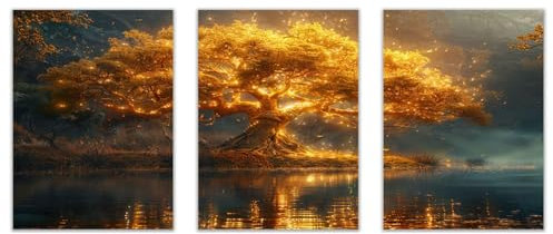 JOSUE 3 pezzi Albero Della Vita Albero del fiume Astratto Quadri Su Tela,Oro, grigio Quadro Per Soggiorno Capezzale Camera Da Letto Ufficio-20x30cmx3 Non incorniciato