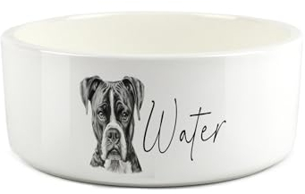 Boxer Dog Pet Bowl - Black & White Portrait Large Ceramic Water Bowl - White Water Dish For Dogs