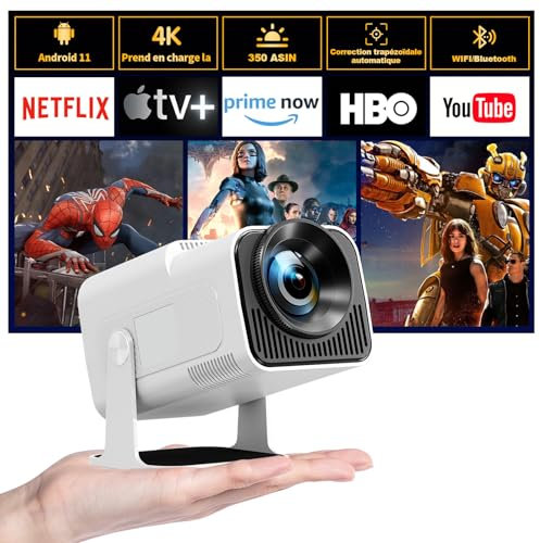 HIPPUS Vidéoprojecteur 4K WiFi 6 Bluetooth 5.2, 15,000 lumens Full HD 1080P, Rétroprojecteur Correction Automatique du trapèze, 270°, 130 Pouces Compatible avec HDMI/iOS/Android/USB, Blanc Laiteux