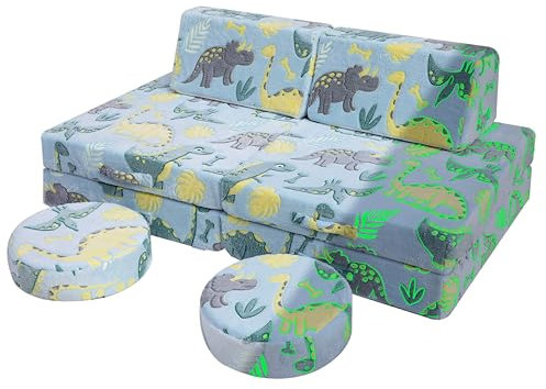 MeMoreCool Spielsofa für Kinder, Modulares Kindsessel Couch für Spielzimmer, 8-teiliges Kindercouch Kindersofa Ausklappbar Spielset, Kindersofa mit Schlaffunktion für Mädchen Jungen, Blau Dinosaurier