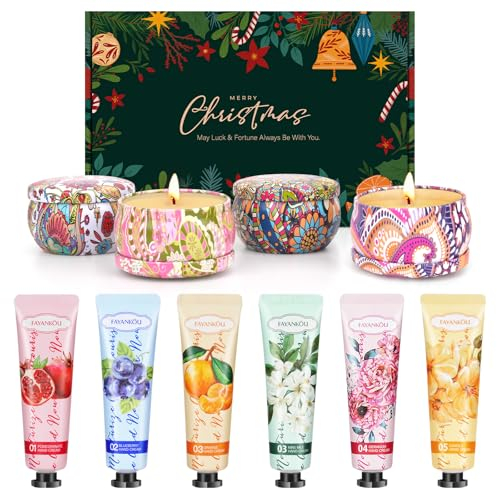 Regali per donne, set di 4 candele profumate, 6 creme per le mani x 30 ml, aromi, candele profumate, set regalo per donne, mamma, burro di karitè, crema per le mani, piccoli regali di Natale, per