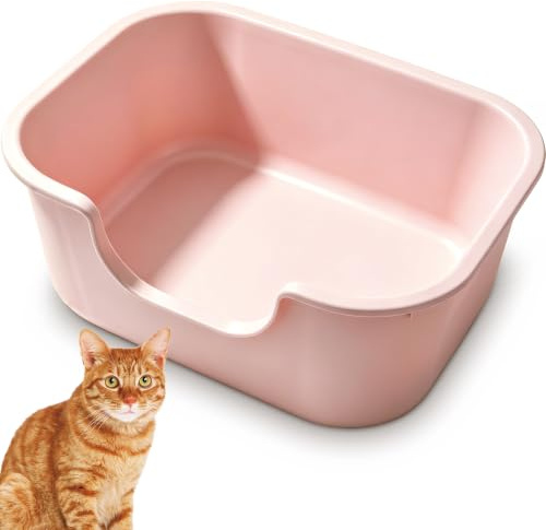 Pawsayes High Sided Cat Litter Tray Large Open Top Litter Box Deep Wall and Low Entry Splash Proof Kitty Litter Box for All Ages Cats (Pink)