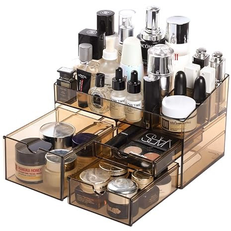 SLHEQING Rangement Maquillage, Organisateur Maquillage avec 3Tiroirs, Rangement Skincare en Plastique, Organisateur Salle de Bain pour Rouges à Lèvres, Fards, Crèmes, Pinceaux, Parfums