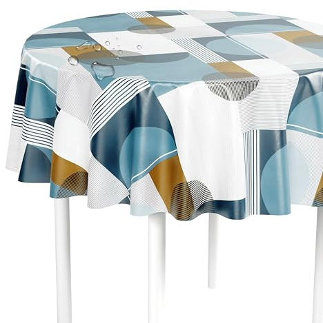 LILENO HOME Nappe lavable au mètre - Ronde (bord coupé) - Motif cercles et carreaux bleus - En toile cirée imperméable idéale comme nappe ou chemin de table pour bancs de bière