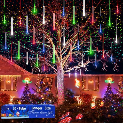 Kwaiffeo Christmas Decorations 20 Tube Meteor Shower Lights (Longer Size), IP44 Waterproof LED, Plug in Outdoor Tree Light for Xmas Halloween Thanksgiving Day Decor, Multicoloured