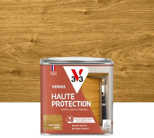 V33 Vernis bois extérieur Chêne moyen satin - Haute Protection - Haute résistance rayures et UV - Anti-goutte et tendu bon - Ecolabel - 0,5L