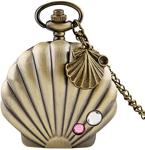 JFNHUTL Taschenuhr mit Muschel-Motiv, Meerjungfrau-Motiv, einzigartiges, glänzendes Metallgehäuse mit Muschel-Anhänger, Halskette, hervorragendes Uhr-Muschel-Accessoire