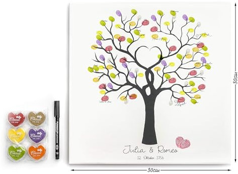 codiarts. personalisierte Leinwand für Fingerabdrücke Party Hochzeit Jubiläum Geburtstag als Gästebuch mit Stempelkissen und Stift (Baum, 30 x 30 cm, Bespannte Leinwand)