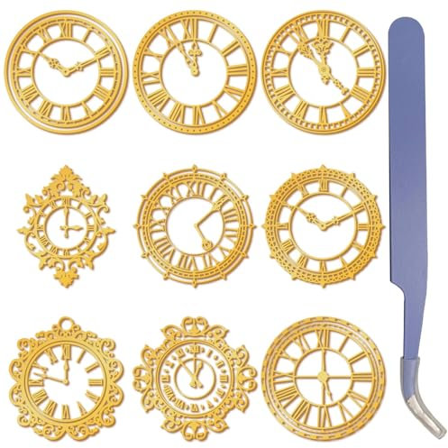 craspire 9 Stück Vintage Uhr Aufkleber Aus Goldenem Metall 1,5 x 1,5 Zoll Mit Pinzette Retro Aufkleber Wasserdicht Selbstklebend Nickel Zum Dekorieren von Sammelalben Basteln Aus Kunstharz