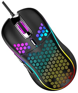 Angoily Souris Gamer Filaire RGB Lumineuse pour Ordinateur Portable Bureau, Design Nid d'abeille Ventilé, Noire, Éclairage Multicolore, Performance Précision Jeux PC