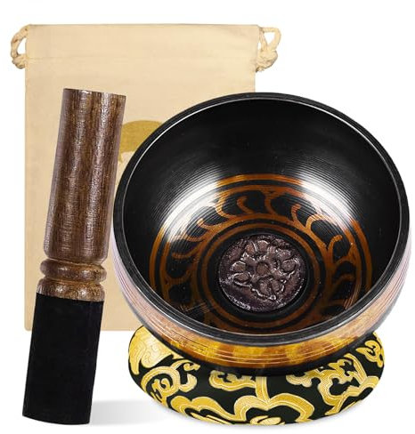Tibetan Singing Bowls Meditation Set: Large Singing Bowls With Singing Bowl And Silk Cushion Black And Mallet, Sound Healing Bowl Meditation Set For Meditation Chakra Yoga Meditation 8.5 Cm
