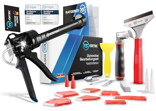 KISTEK® Profi Bundle – All in One Silikonentferner Werkzeug Set 18-tlg. inkl. Ersatzklingen zur Erneuerung von Acryl & Silikonfugen + 24:1 Profi Kartuschenpresse mit gummierten Griffen & Ratgeber