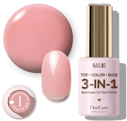 NAILOG OneCure Gel Nail Polish 12ml | Top Coat Color Gel Base 3-In-1 Formula Soak Off UV Polish for Home DIY & Gifting | Pale Pink