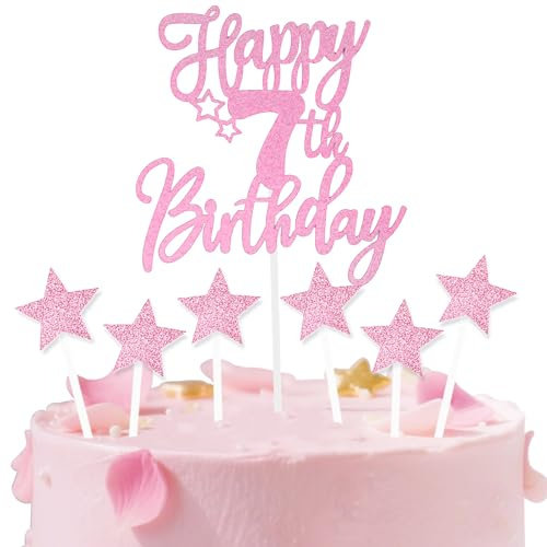 Pink Happy 7th Birthday Cake Toppers for Cake,Personalised Cake Toppers for Girl Women Decorations,Glitter Cupcake Topper Cake Topper Kit 7th Birthday Party Cake Decoration Supplies