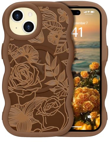 L-FADNUT for iPhone 15 Rose Case Compatible with Magsafe, Gold | Wavy Frame Translucent Matte Magnetic Flower Pattern Phone Case for Women, Girly Floral Back Anti-scratch Protective Cover