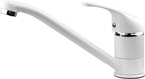 Xcel Home White Kitchen Mixer Tap, Brass Round Sink Taps for Kitchen with Hoses and UK Standard Fittings