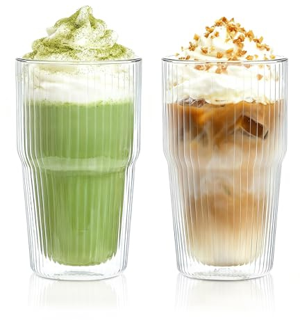 2PCS Borosilicate Double Wall Tumbler with Lids & Straws, 16oz Insulated & Heat-Resistant Glasses - Perfect as Double Walled Glass Coffee Mugs with Striped Design for Iced Coffee, Bubble Tea