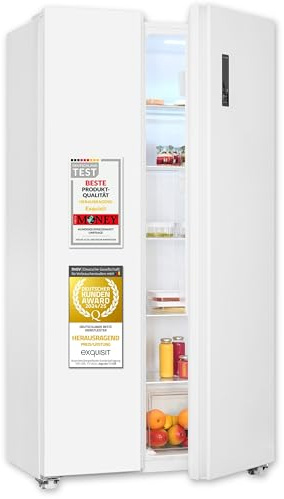 Exquisit Side-by-Side Kühl-Gefrierkombination, 442 Liter, No-Frost, LED-Display, 10 Ablagen, leiser Betrieb, 91 cm Breite, SBS546-040E weiss
