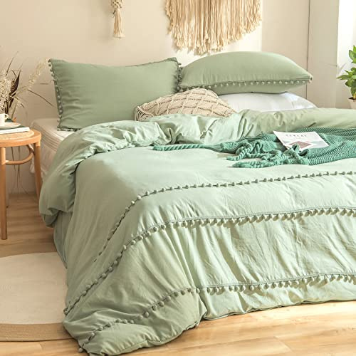 Tospass Quaste Bettwäsche Set 155x220cm Salbeigrün Pompons Fransen Boho Mädchen Bettwaren-Sets Gewaschene Microfaser Unifarben Deckenbezug Bettbezug mit Reißverschluss und Kissenbezug 80x80cm