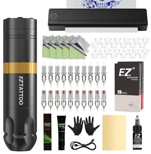Termocopiadora Tattoo Kit - Maquina de Tatuar Kit Completo con Impresora Tattoo, Maquina Tatuar Inalambrica, Batería de Alimentación de 1500mAh, 20Pzs Agujas Tatuaje para Tatuadores
