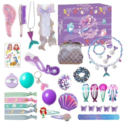 24 Day Mermaid Countdown Calendar - Funny Advent and Christmas Gift Box with Beautiful Jewellery Accessories, Holiday Surprise Set | Mermaid Jewellery for Fancy Dress for Kids, Girls