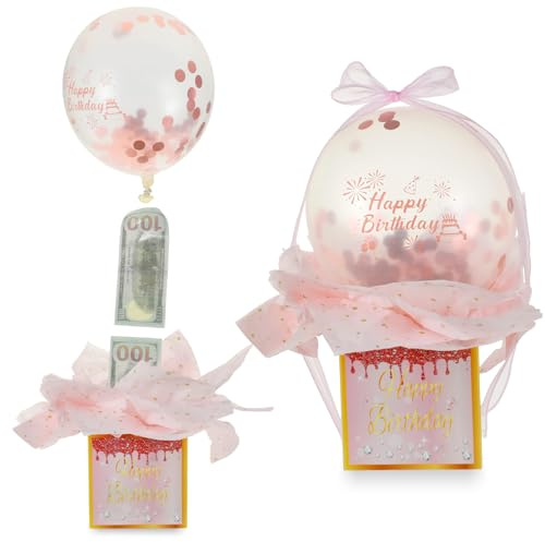 Rose Gold Pull Money Balloon Box, Birthday Cash Surprise Kit with Balloons & Ribbon, Funny Pull Cash Surprise Kit for Women & Men, Surprises Money Gift Box for Birthday Party Supplies