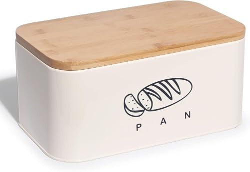 Panera de metal con bambú ecológico | Cubierta convertible en tabla de cortar | Ideal para almacenar pan y mantenerlo fresco por más tiempo | Diseño retro para cocina (Beige-tapa de Bambú)