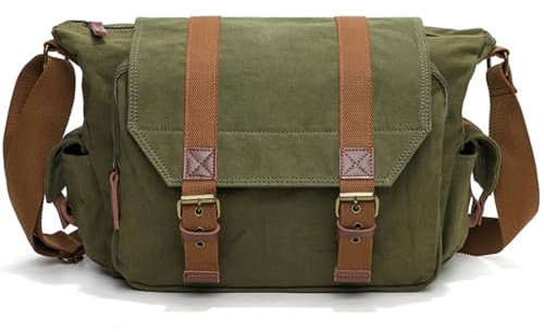DremFreo Fototasche Kameratasche mit Gepolstertem Einsatz für DSLR-Kameras Objektive Canvas Messenger Bag Vintage-Stil Schultertasche 34x13x27cm BG507 (Olivgrün)