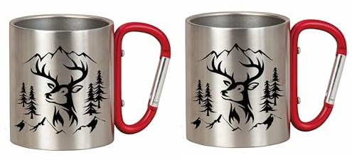 Geschenkestadl 2 Stück Outdoorbecher mit Karabiner Hirsch rot Metall 200ml Wanderbecher Camping Metalltasse Outdoor