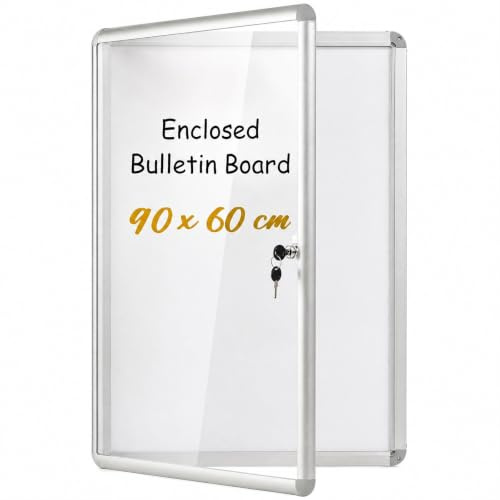 KOMFOTTEU Tableau Affichage, Serrure à Clé, Porte Ouvrable, 90x60cm,Argenté | Vitrine d'Affichage, Cadre en Aluminium, Panneau Transparent, Tableau Magnétique pour Bureau, Maison