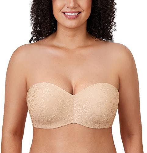 DELIMIRA Donna Reggiseno Senza Spalline Multifunzione con Ferretto Taglie Forti Jacquard Senza Imbottito Beige 5C