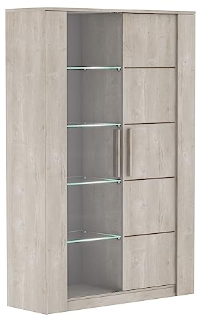 Grande Vitrine En Bois 1 Porte Vitrée & 1 Porte En Bois Avec LED Intégré – Coloris Chêne Champagne – 114x39,6x175,8 cm