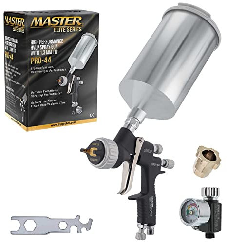Master Elite PRO-44 Series High Performance HVLP Spray Gun with 1.3mm Tip with Air Pressure Regulator Gauge - Ideal for Automotive Basecoats, Clearcoats - Advanced Atomization Technology