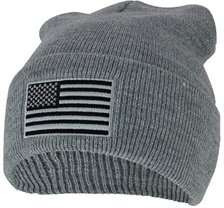 Armycrew Made in USA Grey American Flag Embroidered Knit Cuff Long Beanie, grau, Einheitsgröße