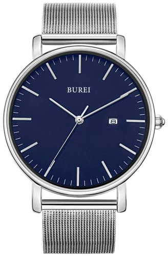 BUREI Ultra Dünne Uhren Herren Blau Analoges Datum Armbanduhr Herren mit Japanisches Quarzwerk, Geschenke für Männer