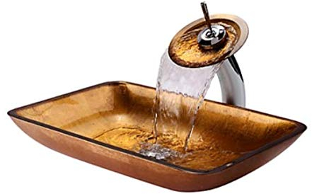 Lavabo de cristal para lavabo, 56 x 35,6 x 11 cm, cristal templado dorado, con grifo para lavabo