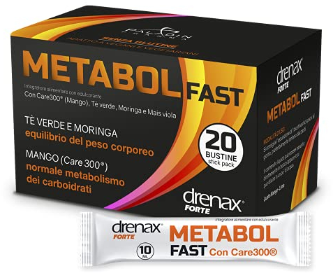 Drenax Forte - Metabol Fast Integratore Alimentare, per addome, pancia e glutei Senza glutine Adatto a vegani e vegetariani Senza zuccheri aggiunti 20 Stick Pack