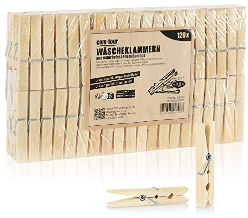 COM-FOUR® 120x Pinces à Linge en Bambou - Pinces à Linge en Bois, durables - Pinces pour Suspendre Le Linge - 7 cm (Bambou - 120 pièces)